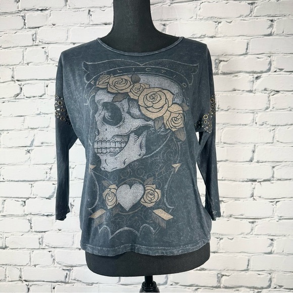 Affliction Tops - Affliction American Customs Women’s Skull Shirt Top Embellished Y2k Goth XS